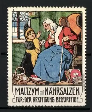 Reklamemarke Maltzym mit Nährsalzen, Kräftigungspräparat, Frau mit Münchner Kindl