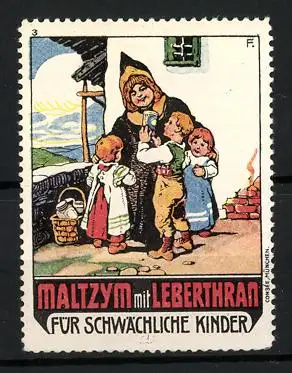 Reklamemarke Maltzym mit Lebertran, Kräftigungspräparat für Kinder, Frau mit Kindern