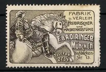 Reklamemarke München, F. & A. Diringer, Kostümverleih und Fabrik, Ritter auf Pferd