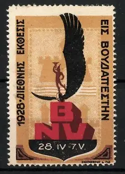 Reklamemarke Budapest, 1928 Internationale Messe, Adler und Figur