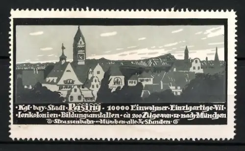 Reklamemarke Pasing, Ortsansicht und Informationen über Einwohner und Verbindungen