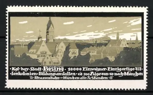 Reklamemarke Pasing, Ortsansicht mit Kirchturm und Informationen über den Ort