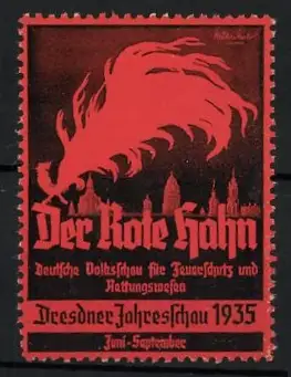 Reklamemarke Dresden, Der Rote Hahn, Ausstellung Feuerschutz und Rettungswesen 1935, Hahnenfeder vor dem Ort