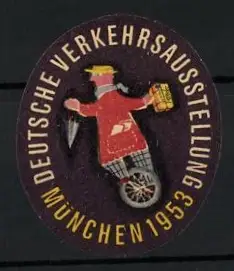 Reklamemarke München, Deutsche Verkehrsausstellung 1953, Einradfahrer mit Paket und Regenschirm