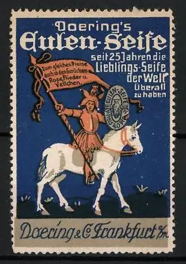 Reklamemarke Frankfurt, Doering & Co., Eulen-Seife, Reiter auf weissem Pferd