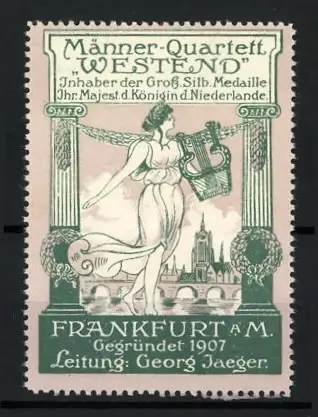 Reklamemarke Frankfurt am Main, Männer-Quartett Westend 1907, Frau mit Lyra