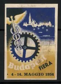 Reklamemarke Budapest, Fiera 1934, Zahnrad und Caduceus