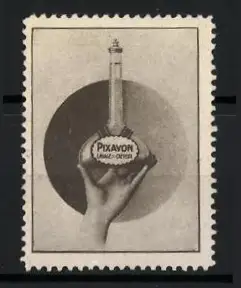 Reklamemarke Pixavon, Haarpflegemittel, Hand mit Flasche