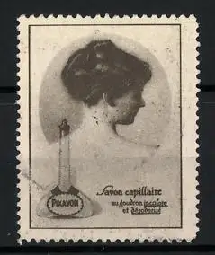 Reklamemarke Pixavon, Haarpflegemittel, Frauenkopf und Flasche