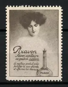 Reklamemarke Pixavon, Haarpflegemittel, Frau mit Flasche