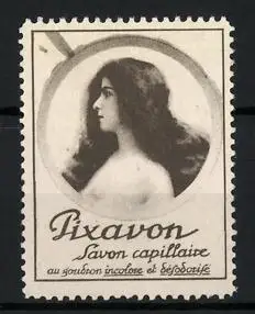 Reklamemarke Pixavon, Haarpflegemittel, Frauenprofil mit offenen Haaren