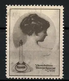 Reklamemarke Pixavon, Haarpflegemittel, Frau mit Flasche