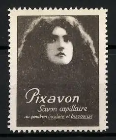 Reklamemarke Pixavon, Haarpflegemittel, Porträt einer Frau mit voluminösen Haaren