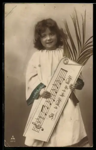 Foto-AK Photochemie Berlin Nr. 4001-2: Kind mit Palmenblatt und Notenzeile Stille Nacht