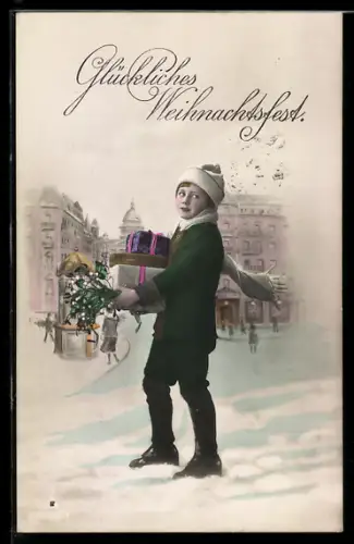 Foto-AK Photochemie Berlin Nr. 4996-1: Knabe mit Geschenken u. Strauss, Weihnachtsgruss