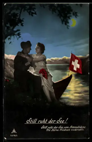 Foto-AK Photochemie Berlin Nr. 5578/5: Still ruht der See!, Liebespaar auf Kahn mit Schweizer Fahne