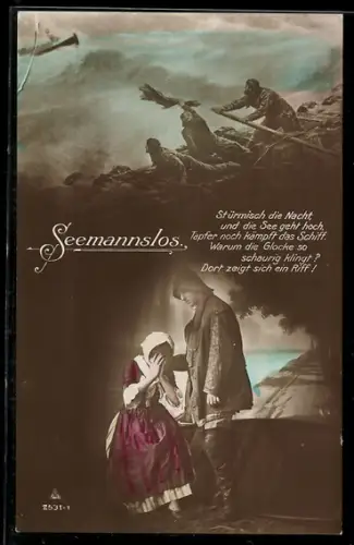 AK Seemannslos, Stürmisch die Nacht..., trauernde Frau und Fischer