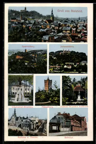 AK Bielefeld, Sparrenberg, Johannisberg, Rathaus und Theater, Bahnhof