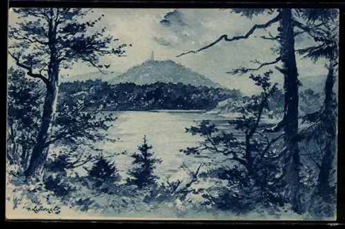 AK Etang de Hanau, Blick über den See auf Hügel und Turm