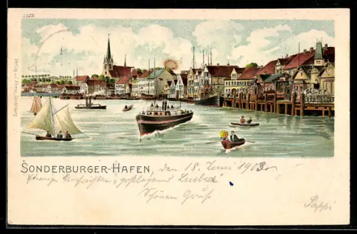 Lithographie Sønderburg, Hafen mit Dampfbooten und Segelbooten