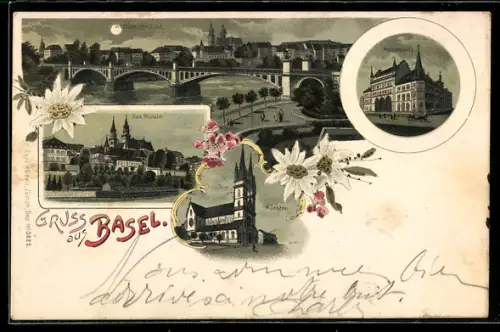 AK Basel, Ansicht vom Münster, Wettsteinbrücke, Postgebäude