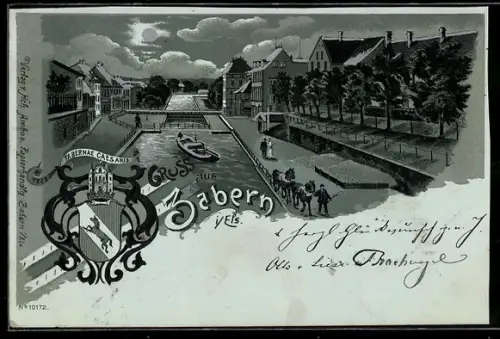 Mondschein-AK Zabern i /Els., Kanalpartie mit Boot, Promenade und Pferdekutsche