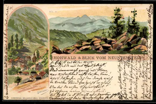 Lithographie Hohwald, Ortsansicht und Blick vom Neuntenstein