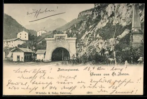 AK St. Anton a. A., Teilansicht mit Arlbergtunnel, Obelisk