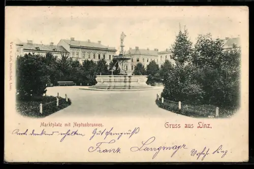 AK Linz, Marktplatz mit Neptunbrunnen