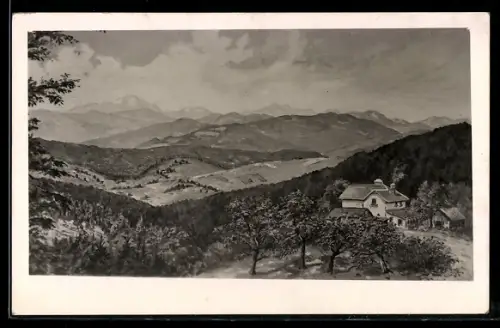 Künstler-AK Troppberg, Berggasthof am Troppberg mit Umgebung