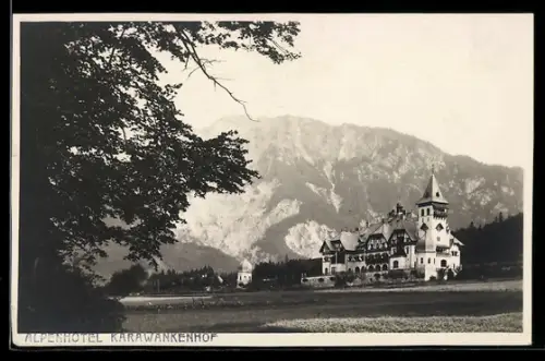 AK Ferlach, Alpenhotel Karawankenhof, Turm, Bergpanorama