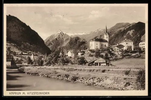 AK Kaprun, Ortsansicht mit Kitzsteinhorn, v. Wasser gesehen