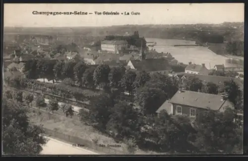 AK Champagne-sur-Seine, Vue Générale, La Gare, Bahnhof