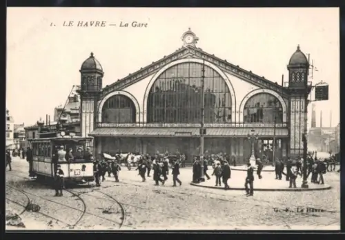 AK Le Havre, La Gare, Bahnhof, Strassenbahn