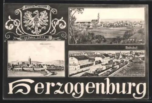 AK Herzogenburg, Bahnhof, Panorama mit Kirche und Wappen