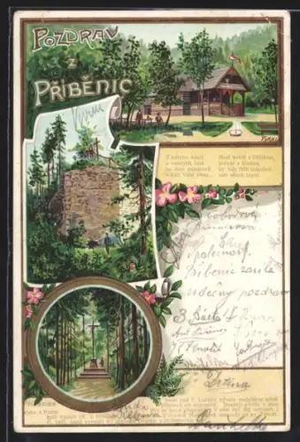 Künstler-AK Malsice - Pribenice, Gasthaus im Wald mit Waldpartien am Denkmal