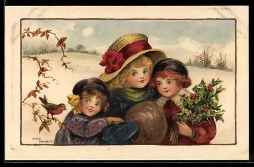 Künstler-AK Ethel Parkinson: Drei Kinder mit Stechpalmenzweigen und Rotkehlchen in Winterlandschaft