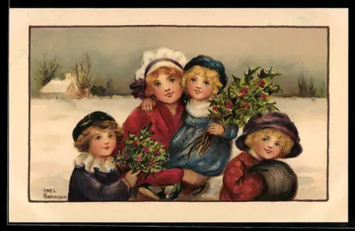 Künstler-AK Ethel Parkinson: Fräulein mit drei Kindern in Winterlandschaft