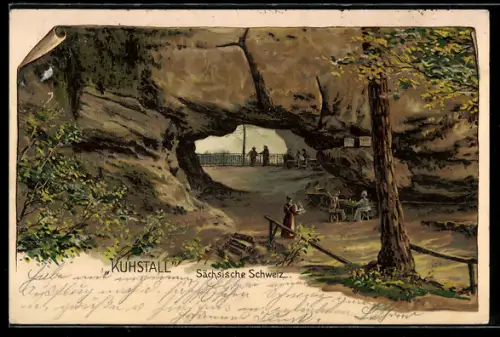 Lithographie Bad Schandau, Kuhstall /Sächsische Schweiz, Felsentor, Aussichtspunkt