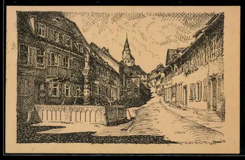 Künstler-AK Gernsbach, Marktplatz, Brunnen, Kirche