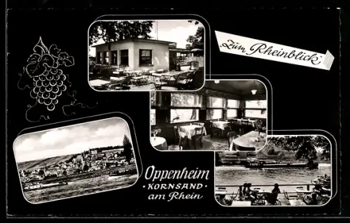 AK Oppenheim, Kornsand, Imbissstube Zum Rheinblick H. Wehner, Rheinansicht, Terrasse