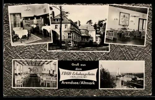 AK Arendsee /Altmark, FDGB-Erholungsheim Waldheim, Speisesaal, Terrasse, See mit Segelbooten