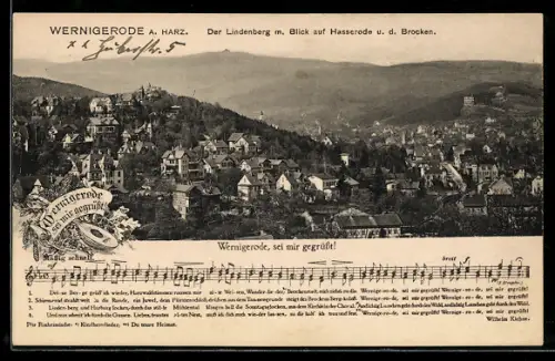 AK Wernigerode a. Harz, Lindenberg mit Blick auf Hasserode und Brocken
