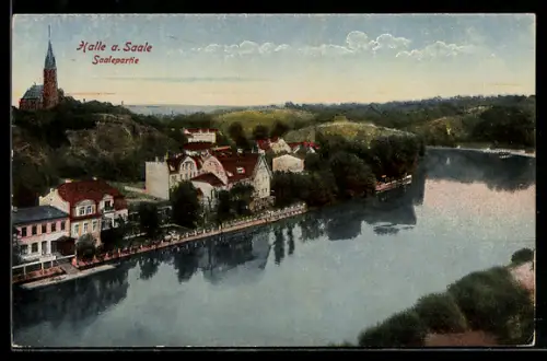 AK Halle a. Saale, Saalepartie mit Kirche aus der Vogelschau