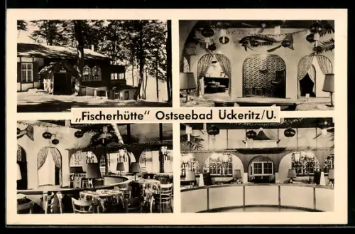 AK Ückeritz /U., Gasthaus Fischerhütte, Innenansichten, Restaurant, Bar