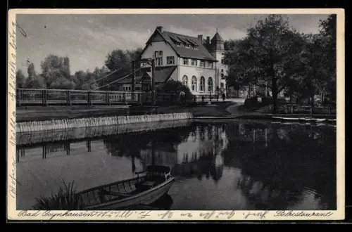 AK Bad Oeynhausen, Sielrestaurant, Inh. Fritz Dreier, Flussansicht, Wehr, Boot
