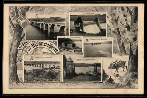 AK Möhnesee, Möhnetalsperre, Sperrmauer, Viadukt bei Delecke, Elektrizitätswerk, Staudamm bei Stockum, Hirsch im Wald