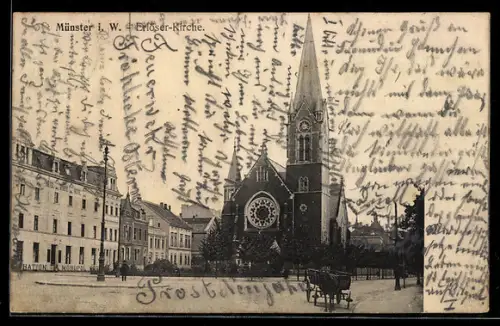 AK Münster i. W., Erlöser-Kirche mit Strassenpartie