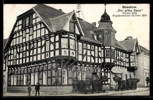 AK Beeskow, Gasthaus Der grüne Baum, abgebrannt am 19.2.1918