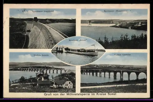 AK Soest, Sperrmauer der Möhnetalsperre, Viaduct Körbecke und Motorboot Möhne